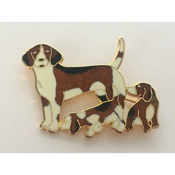 VTG Fish and Crown Dog Puppies Puppy Cloisonne Style Enamel Brooch Pin Jewelry - Picture 2 of 4